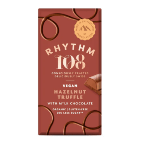 Barre suisse vegan truffée aux noisettes avec chocolat m'lk, Rhythm 108, 100g