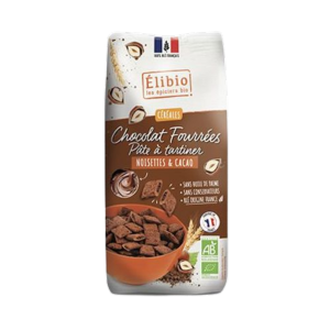 Céréales chocolat fourres à la pâte à tartiner noisette et cacao, Elibio, 375g